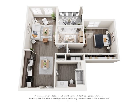 Floor plan for 1 bed, 1 bath, 937 sqft